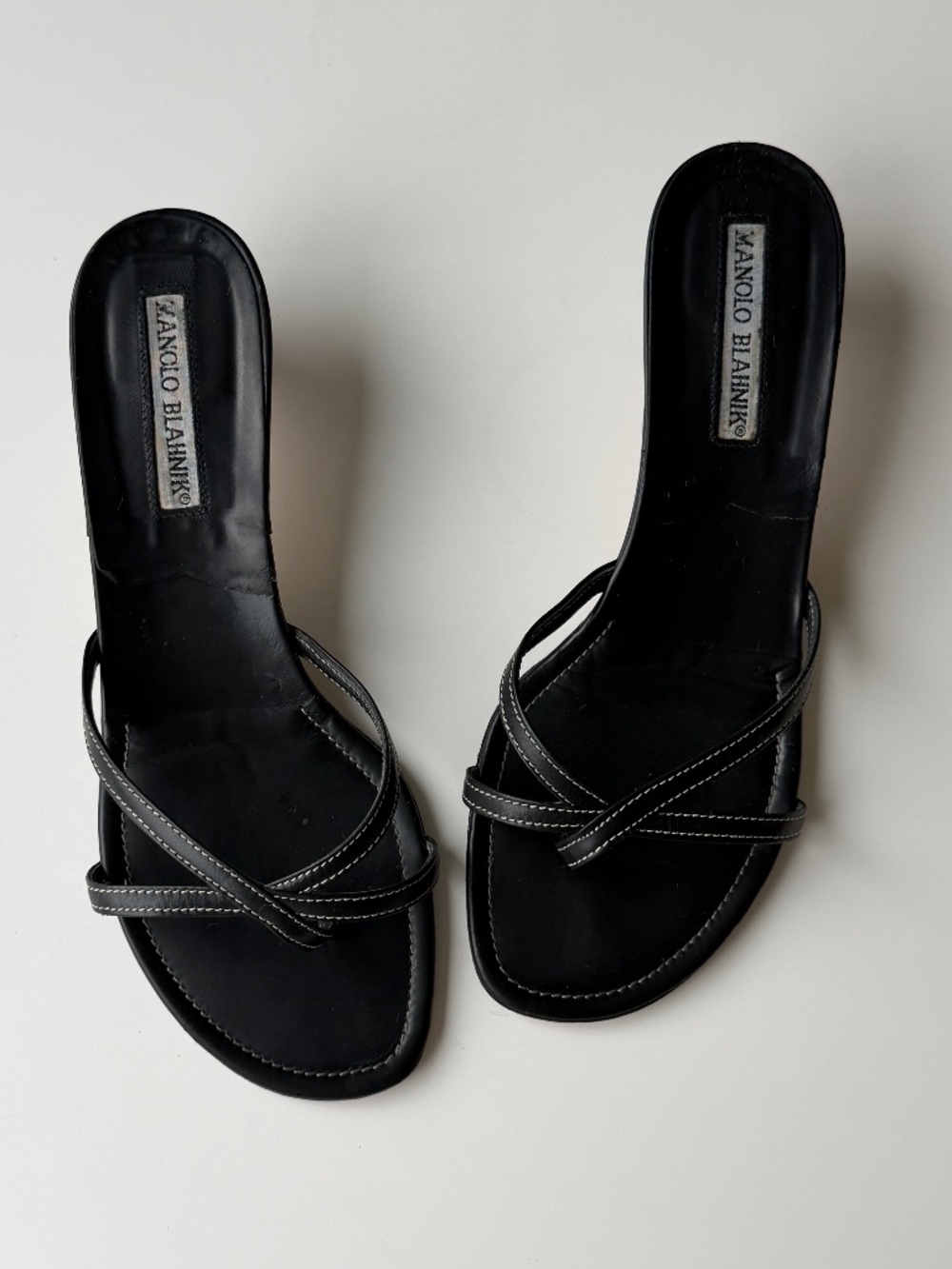 Vintage Manolo Blahnik Black Leather Strappy Thong Slides, IT 36.5, approx. US 6